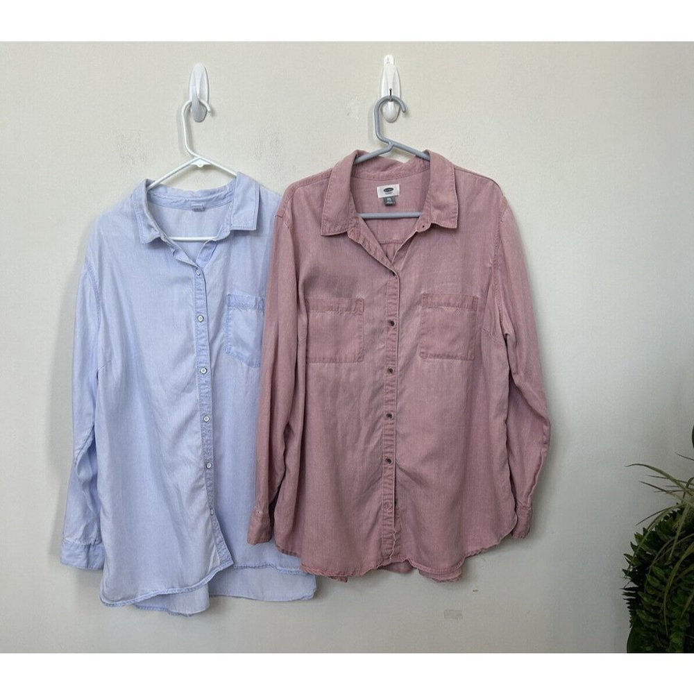 Old Navy 2pc Lot Pink Blue Button Down Long Sleeve Pocket Utility Shirt Sz 2XL